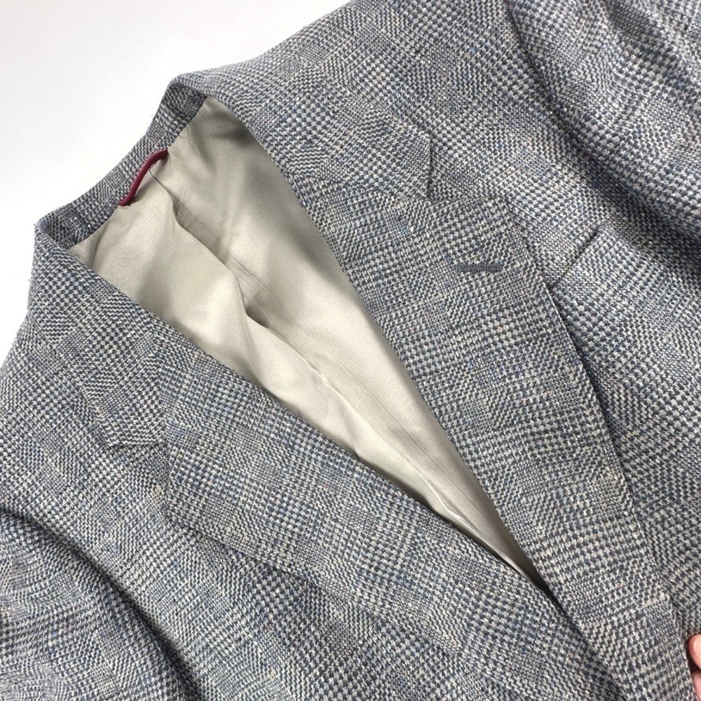 Hart Schaffner & Marx Mens 39R Sport Coat Blazer Gray Blue Plaid Silk Two Button